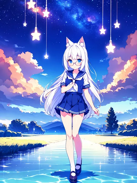 1 great quality 4k beautiful girl blue eyes white hair  sailor short skirt  navy white with blue cat ears in yard with a starry dusk background full body Glasses  pecho pequeño  NSFW 