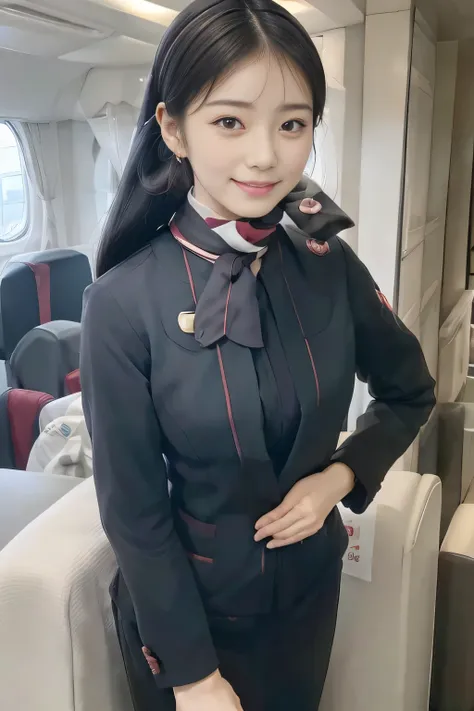 (masterpiece:1.2、highest quality:1.2)、32k hdr、high resolution、(alone、1 girl、slim figure)、（realistic style with jal cabincrew uni...