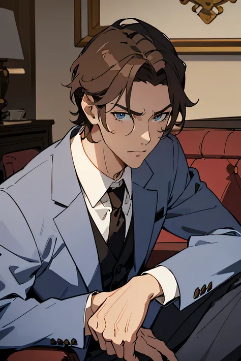 30 year old man. with a little wrinkles on the face. short and somewhat unkempt hair. disheveled suit and tie. brown hair and blue eyes. serious expression. ((background of a normal living room)). ((detailed face.)) ((sitting in the living room)) ((detaile...