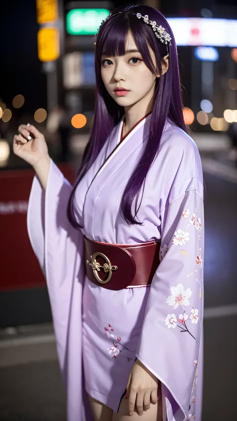 1.girl、Blunt bangs、Traditional Japan clothing、Wide sleeves decorated with intricate patterns、Cherry blossom-shaped hair ornament、Red belt、(Purple Hair:1.2)、Very long and straight hair that flows freely、Look directly at your audience、Highly detailed environ...