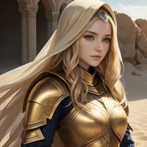 A ultra-realistic portrait 30 yearl old woman standing. Chuby face, She has long, wavy hair in a golden blonde color. Very white skin. Her eyes are bright, with a golden-yellow hue. She is wearing medium Warriors armor with sand color and blue attire, armo...