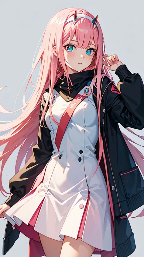 1girl, zero two, darling in the franxx, pink hair, cyan eyes, 8k