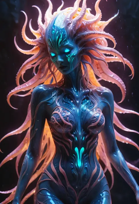 (best quality,4k,8k,highres,masterpiece:1.2), ultra-detailed, (realistic,photorealistic,photo-realistic:1.37), creature, otherworldly, Lovecraftian, chitinous skin, bioluminescent patterns, somber color palette, eerie lighting.(NSFW:1.4), white, pink, blue...