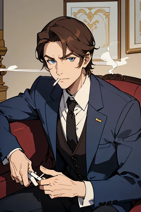 30 year old man. with a little wrinkles on the face. short and somewhat unkempt hair. disheveled suit and tie. brown hair and blue eyes. serious expression. ((background of a normal living room)). ((detailed face.)) ((sitting in the living room)) ((detaile...