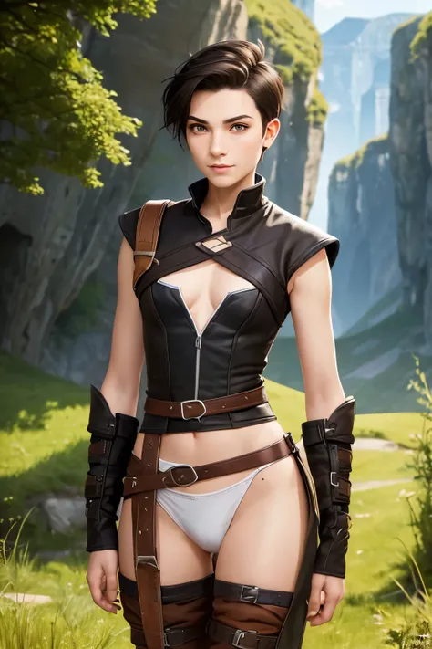 A happy young woman with an undercut in a fantasy setting. An adventurer and a ranger. Very androgynous looking. In a good mood. Sympathic. Tomboyish. Androgynous. Slim body. Very . Very small breasts. Wide hips. Thick legs. Face: Extremly pale skin with l...