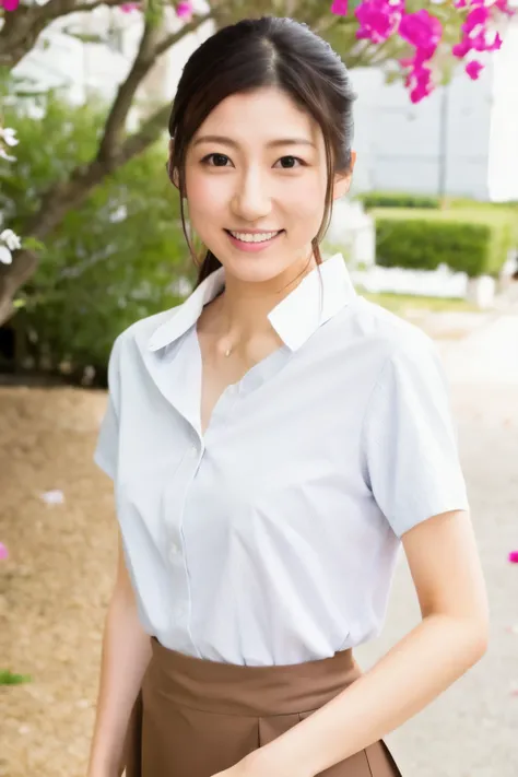 Masterpiece, high quality, high resolution, 8K, ((Skinny Japanese woman in a costume which consists of a short-sleeved white shirt and a light-brown long skirt)), beautiful face, natural makeup, detailed face, detailed eyes, a photo that feels endearing