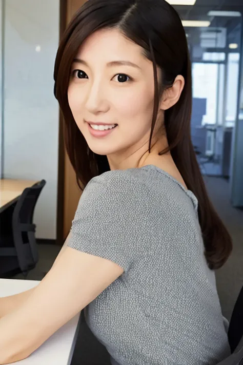 A Japanese woman, 35 years old, slender figure, small breasts, very thin waist, Beautiful face, beautidful eyes, black long hair, wearing a tight and short gray knit dress with a back-open design, sitting on a desk in an office, gently looking back at you,...