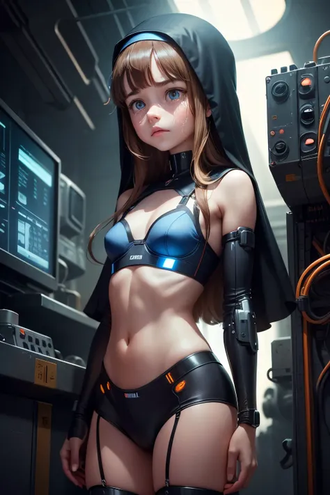 small  girl, long brown hair, sad crying face, half mechanical face mechanical jaw, cyborg arm, cyborg leg, body connected to machines, power wires, blue light , nuns , bra , hands praying . Futuristic 