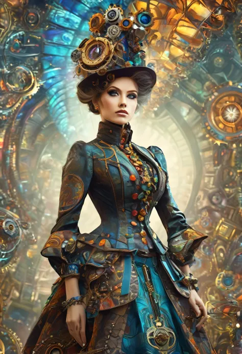 Fine Art, High Quality, A woman dressed in elaborate steampunk attire standing amidst a fractal art-inspired scenery, posing randomly, dazzling with a random, colorful hairstyle, masterpiece, one girl, full body shot, retro, steampunk, fractal art, dramati...