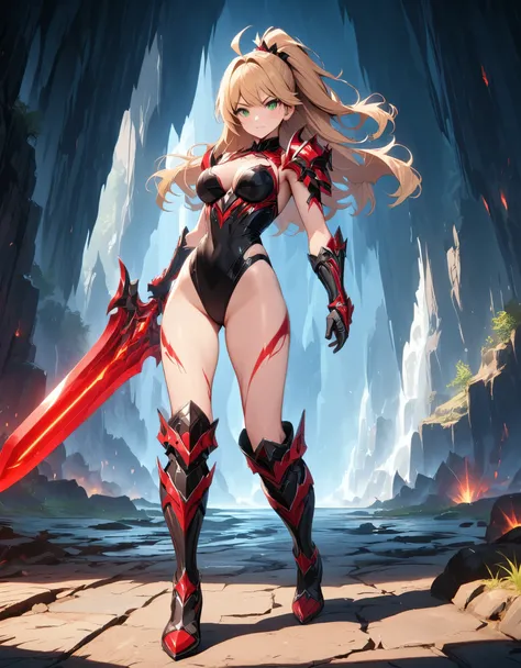 masterpiece, best quality, hires, 1girl, medium breasts, leotard, matching leotard, black leotard with red accents, sleeveless, midriff, bare legs, boots, matching boots, bracelets, mars backdrop, solo, single, standing perfect anatomy, perfect proportions...