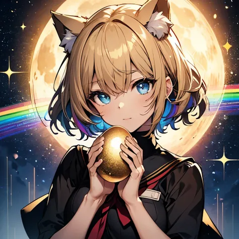 High resolution,(rainbow in the starry sky:1.2), (A girl holds a golden egg with both hands),detailed black sailor uniform, detailed wide open blue eyes, beautiful short gold hair, Cat ear,moon