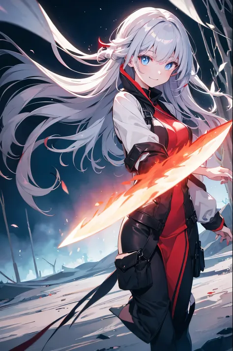 highest quality, Girl of Dusk, Throwing a knife while falling vertically, Upside down, Crazy smile, Glowing red nails, Silver Hair, blue eyes, Eyes Wide Open, Black clothes, Battle in the Wilderness, Twist your body widely