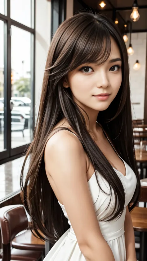 Beautiful black-haired girl with brown eyes and long hair in elegant white dress in a cafe professional photo shoot close up on face 