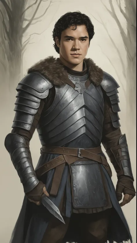 An illustrated movie poster, hand-drawn, full color, a Westerosi knight, 21 years-old, wearing a leather cuirass, resembles Dean Cain, sun-tanned skin, stocky physique, extremely tall, deep brown eyes, wide bulbous nose, black hair, curly hair, thick bushy...