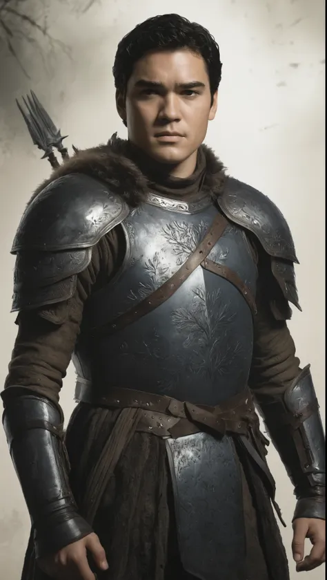 An illustrated movie poster, hand-drawn, full color, a Westerosi knight, 21 years-old, wearing a leather cuirass, resembles Dean Cain, sun-tanned skin, stocky physique, extremely tall, deep brown eyes, wide bulbous nose, black hair, curly hair, thick bushy...