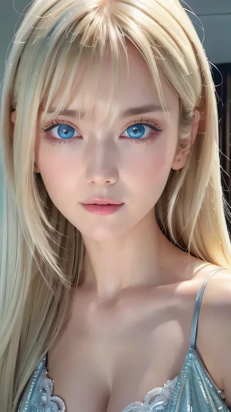 highest quality、8K Masterpiece、Ultra-high resolution、(Realistic:1.3)、RAW Photos、14 year old girl of Scandinavian descent with shiny blonde hair、Silvery blonde hair、Super long straight hair、Bangs between the eyes、bangs over eyes、Hair above one eye、Hair betw...