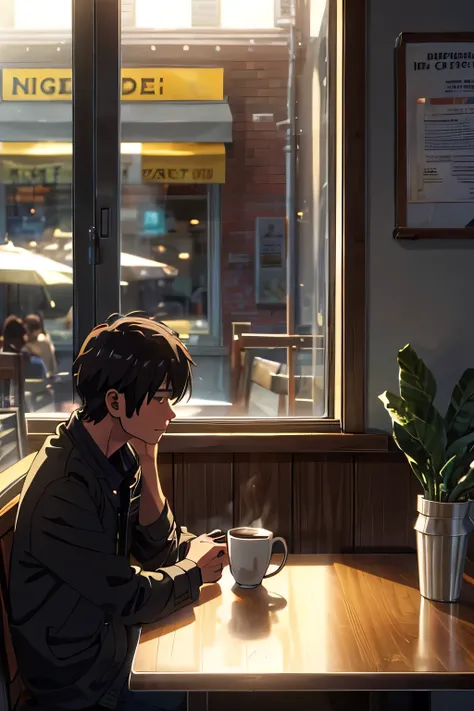 quiet coffee: A lonely character spends his afternoons in a cozy cafe, immersed in the soft music playing in the background. He watches people pass by and reflects on his life while sipping a hot cup of coffee..