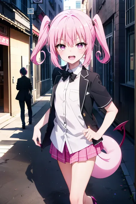 nana devil,  that deviluke, tooth, long hair, (pink eyes:1.5), pink hair, tail, twintails, (flat chest:1.2),tail,happy smile, sm...