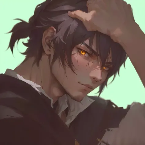 anime guy with ponytail and yellow eyes holding head, handsome guy in demon slayer art, inspirado em Okumura Masanobu, cute japanese demon boy, menino anime, dark pit, demon slayer rui fanart, jovem anime homem, Retrato de anime de um homem bonito, estilo ...