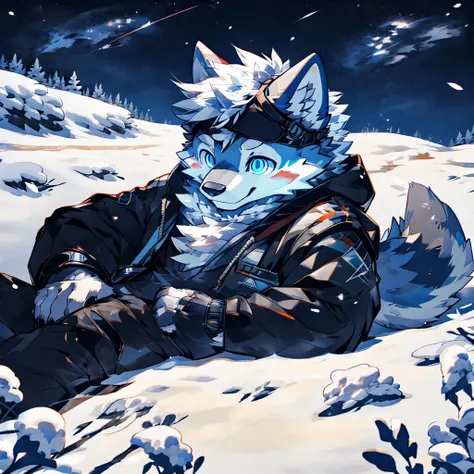 masterpiece,High quality,furry,wolf,bule fur,light blue eye,male,One person,snow field,joyful, hooded jacket,lie down,