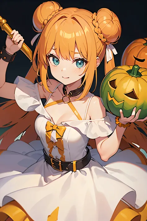 Slime girl, (slime), Slime hair Double buns hair style, Pumpkin Orange, White Princess dress with weapon belt, Masterpiece, Best Quality