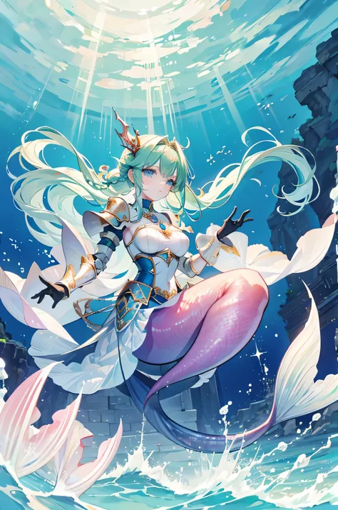 4k,High resolution,One Woman,mermaid,Green Hair,long hair,Braid,Blue Eyes,Big Breasts,The Little Mermaid,Princess Knight,armor,Full Armor,Princess Tiara,Jewelry decoration,Pearl decoration,gun,In the water,Undersea Temple