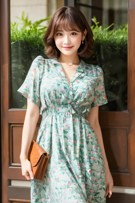 30 years old　Cute　Bonytail　Floral print dress