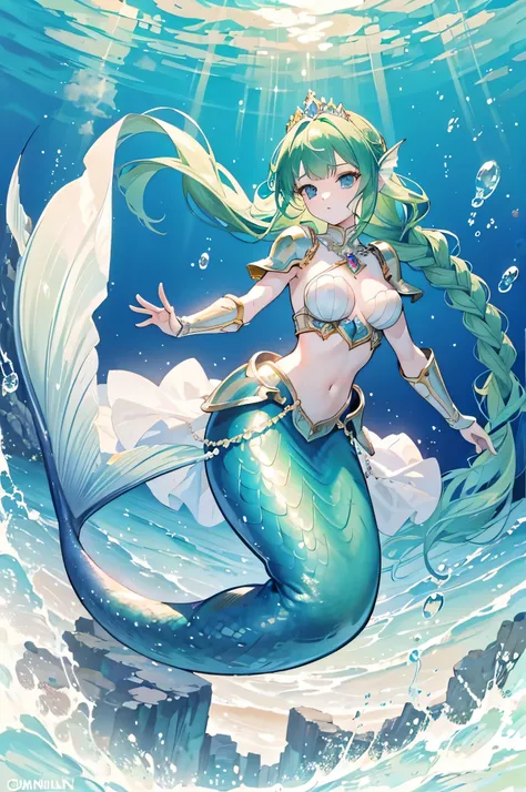 4k,High resolution,One Woman,mermaid,Green Hair,long hair,Braid,Blue Eyes,Big Breasts,The Little Mermaid,Princess Knight,Armor made from shells,Full Armor,Princess Tiara,Jewelry decoration,Pearl decoration,gun,In the water,Undersea Temple