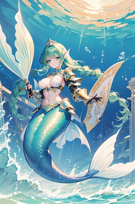 4k,High resolution,One Woman,mermaid,Green Hair,long hair,Braid,Blue Eyes,Big Breasts,The Little Mermaid,Princess Knight,knight armor,Full Armor,Princess Tiara,Jewelry decoration,Pearl decoration,gun,In the water,Undersea Temple