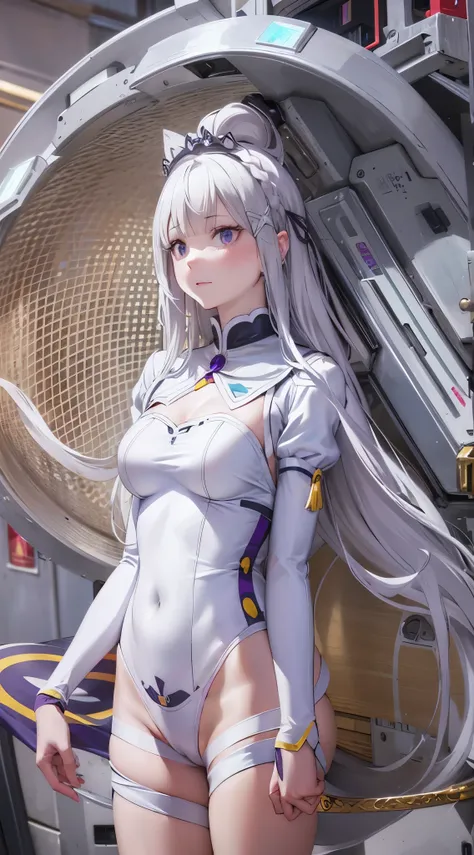 Emilia re:zero, purple eyes, Emilia, crown braid, x hair ornament, flower hair ornament, white hair, long hair, medium breasts, ((Masterpiece)), best quality, absurderes, ultra detailed, holographic, cowboy shot, dynamic pose, golden ratio, super cute girl...