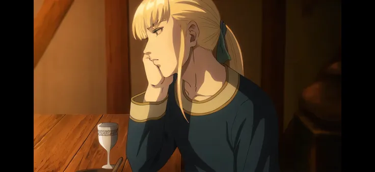 anime image of a woman sitting at a table with a glass of wine, Vinland saga, no filme de anime, lodoss, destino zero, destino/zero, captura de tela do filme de anime, captura de tela do anime guro, captura de tela de um anime de 2012, Griffith de Berserk,...