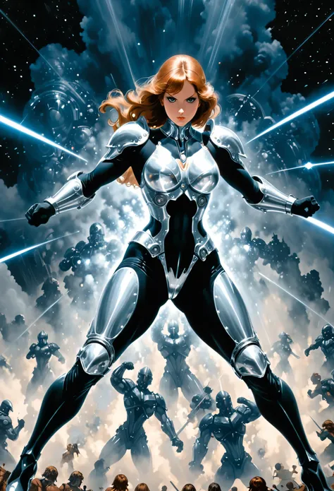 in style of Jeffrey Catherine Jones,(in style of Nick Veasey:0.5), shiny Mandelbrot bodysuit armor,muscular,(1 girls:1.1),(fighting stance),(cinema footage pov:1.5),medium_shot,outdoors,in the sky,