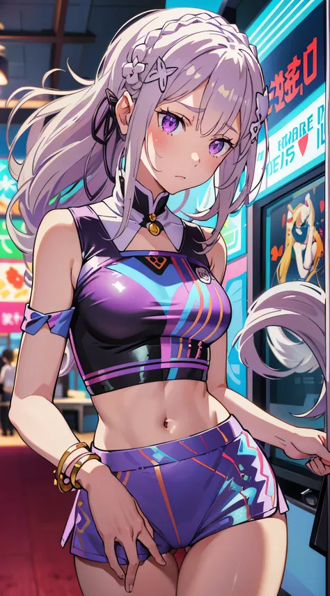 Emilia re:zero, purple eyes, Emilia, crown braid, x hair ornament, flower hair ornament, white hair, long hair, medium breasts, ((Masterpiece)), best quality, absurderes, ultra detailed, holographic, cowboy shot, dynamic pose, golden ratio, super cute girl...