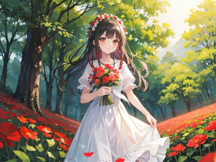 There was a  in a red and white dress holding a bouquet of flowers., girl in flowers, flower picking, holding flowers, pick up flowers, The girl stands in a field of flowers., The girl stands in a field of flowers., flowers on heir cheeks, Girl in a field ...