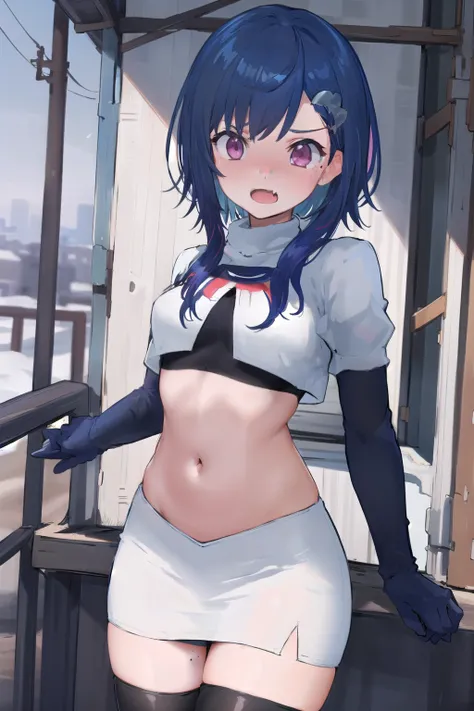 (masterpiece), (best quality),  1girl, solo, fang, blue hair, skin fang, short hair, hair behind ear, purple eyes, team rocket,team rocket uniform,white skirt,red letter R,crop top,black thigh-highs,black elbow gloves, hair ornament, medium breasts, mole o...