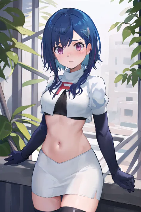 (masterpiece), (best quality),  1girl, solo, fang, blue hair, skin fang, short hair, hair behind ear, purple eyes, team rocket,team rocket uniform,white skirt,red letter R,crop top,black thigh-highs,black elbow gloves, hair ornament, medium breasts, mole o...
