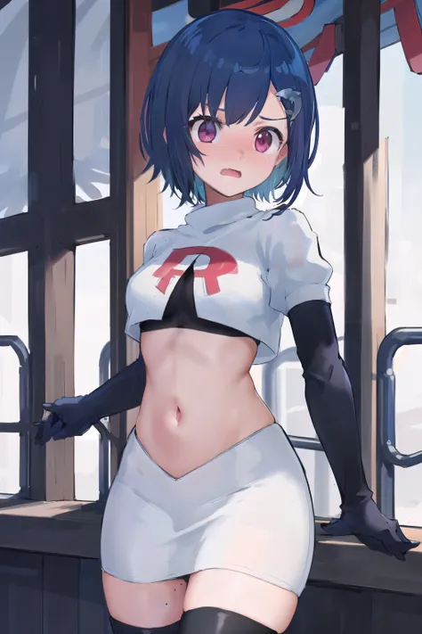 (masterpiece), (best quality),  1girl, solo, fang, blue hair, skin fang, short hair, hair behind ear, purple eyes, team rocket,team rocket uniform,white skirt,red letter R,crop top,black thigh-highs,black elbow gloves, hair ornament, medium breasts, mole o...