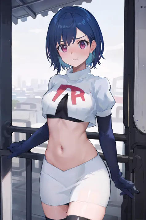 (masterpiece), (best quality),  1girl, solo, fang, blue hair, skin fang, short hair, hair behind ear, purple eyes, team rocket,team rocket uniform,white skirt,red letter R,crop top,black thigh-highs,black elbow gloves, hair ornament, medium breasts, mole o...