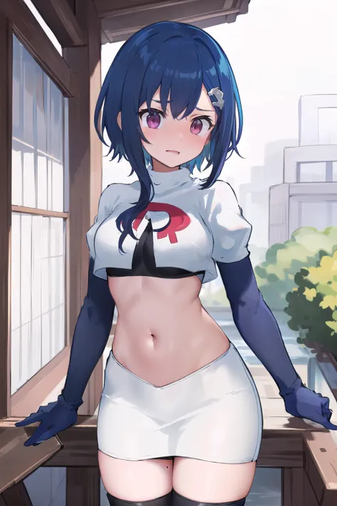 (masterpiece), (best quality),  1girl, solo, fang, blue hair, skin fang, short hair, hair behind ear, purple eyes, team rocket,team rocket uniform,white skirt,red letter R,crop top,black thigh-highs,black elbow gloves, hair ornament, medium breasts, mole o...