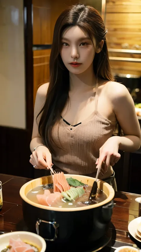 yeji, korean girls, hot pot, shabu, salmon sashimi, luxury condo, กระจกมองเห็นวิวevening, ((evening)), ((solo)), high floor cond...