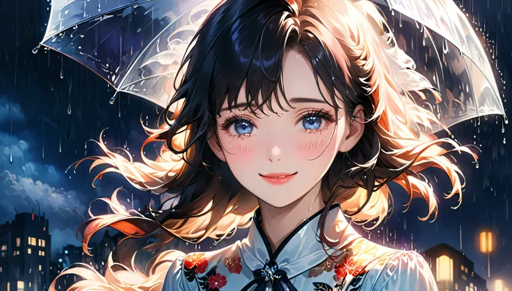 best quality, highres, ultra-detailed, realistic:1.37, vibrant colors, portrait, soft lighting, long eyelashes, sparkling eyes, glossy lips, detailed skin, retro pattern, pastel colors, ((smile while crying1.2)), ((shedding tears:2.0),, ((sad look:1.8)),, ...