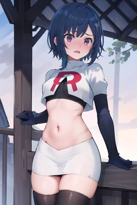 (masterpiece), (best quality),  1girl, solo, fang, blue hair, skin fang, short hair, hair behind ear, purple eyes, team rocket,team rocket uniform,white skirt,red letter R,crop top,black thigh-highs,black elbow gloves, hair ornament, medium breasts, mole o...