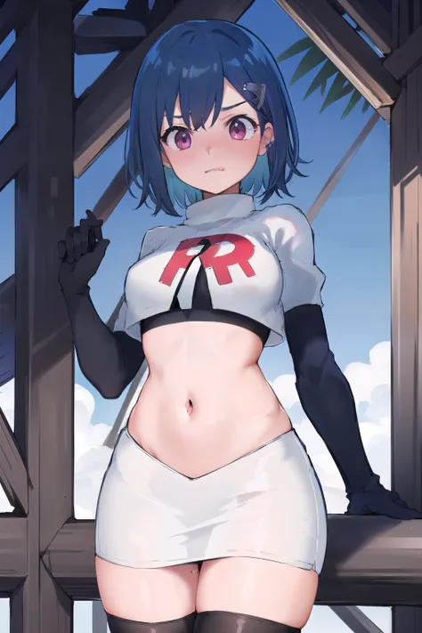 (masterpiece), (best quality),  1girl, solo, fang, blue hair, skin fang, short hair, hair behind ear, purple eyes, team rocket,team rocket uniform,white skirt,red letter R,crop top,black thigh-highs,black elbow gloves, hair ornament, medium breasts, mole o...