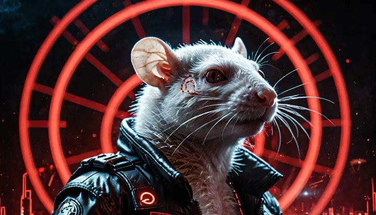 stylized by Modern Disney, photograph, Cyberpunk white Rat, red eyes, Galactic halo background, Cobra, double exposure, Kodak portr400, 35mm, Swirling Brown, key visual, shadowrun, horror, synthwave, dark realism