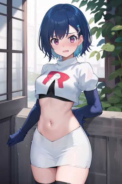 (masterpiece), (best quality),  1girl, solo, fang, blue hair, skin fang, short hair, hair behind ear, purple eyes, team rocket,team rocket uniform,white skirt,red letter R,crop top,black thigh-highs,black elbow gloves, hair ornament, medium breasts, mole o...