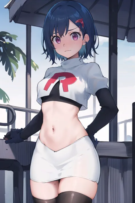 (masterpiece), (best quality),  1girl, solo, fang, blue hair, skin fang, short hair, hair behind ear, purple eyes, team rocket,team rocket uniform,white skirt,red letter R,crop top,black thigh-highs,black elbow gloves, hair ornament, medium breasts, mole o...