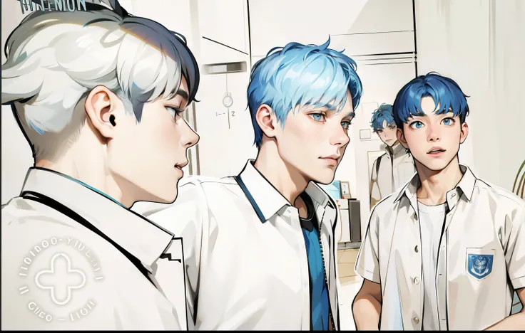 There are two 17-year-old boys with blue hair, they look at each other&#39;s faces, they are scared, worried.