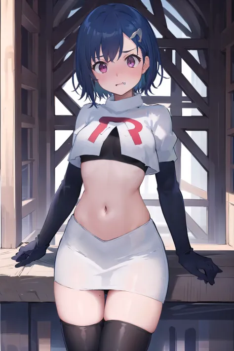 (masterpiece), (best quality),  1girl, solo, fang, blue hair, skin fang, short hair, hair behind ear, purple eyes, team rocket,team rocket uniform,white skirt,red letter R,crop top,black thigh-highs,black elbow gloves, hair ornament, medium breasts, mole o...