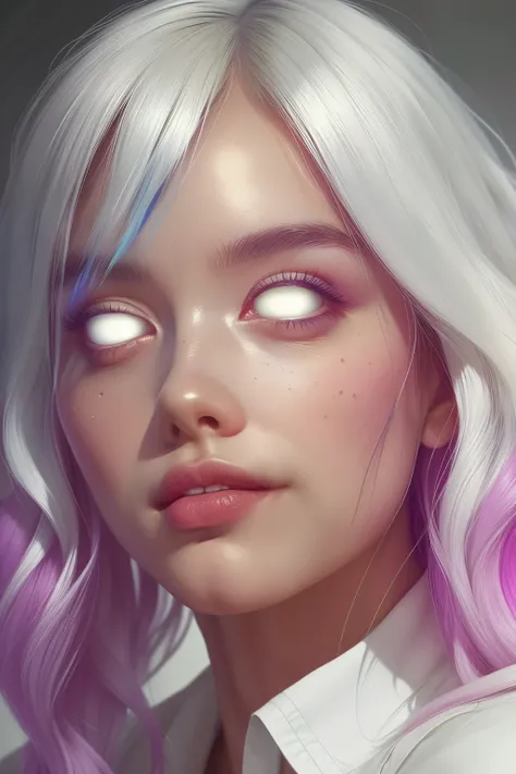 (This is a beautiful fantasy image that feels interesting.) Generate a pretty magical (((blind))) woman with colorful curly hair and milky white eyes. Her face is important should be perfectly formed with puffy lips and perfect features. (Her eyes are impo...