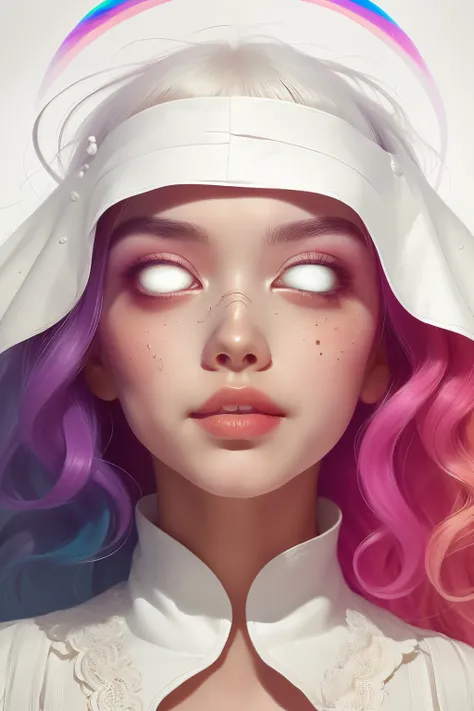 (This is a beautiful fantasy image that feels interesting.) Generate a pretty magical (((blind))) woman with colorful curly hair and milky white eyes. Her face is important should be perfectly formed with puffy lips and perfect features. (Her eyes are impo...